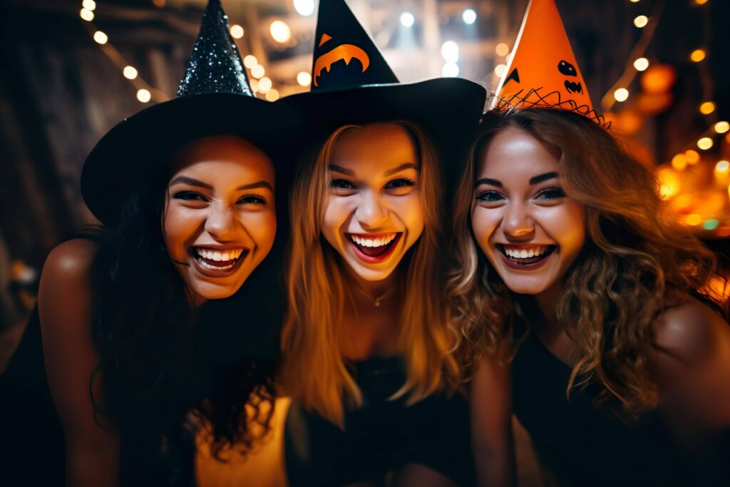 Group of friends dressed up as witches smiling